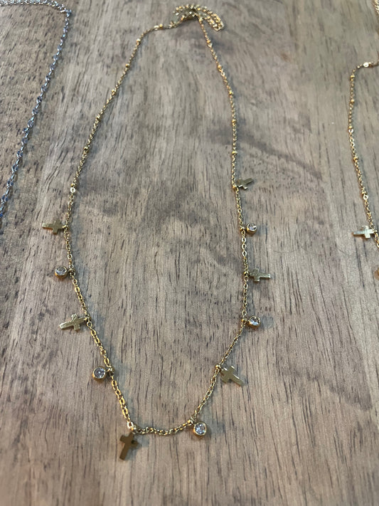 Cross and Stone Necklace (Gold)